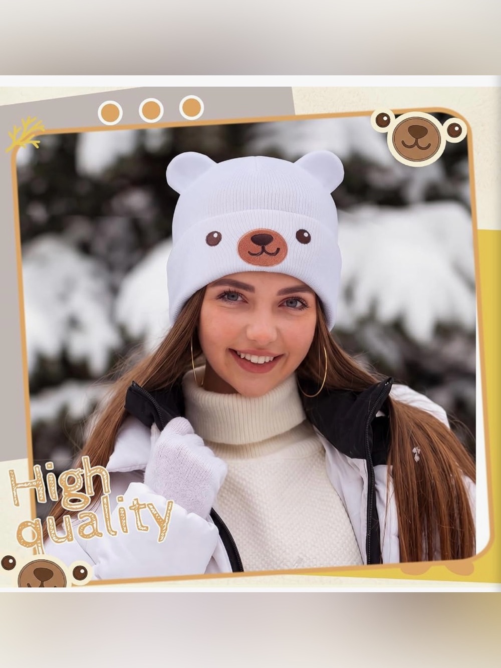 Woman's White Bear Knit Beanie with Ear Accents - Picture 4 of 5